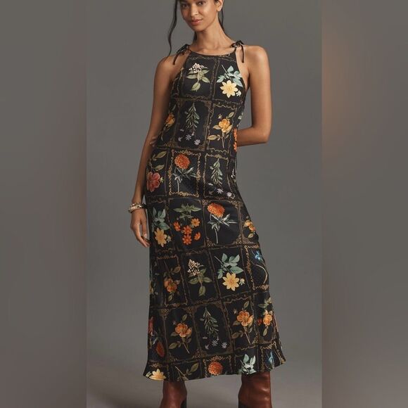 Anthropologie Black Floral Print Tie Neck Column MIDI Dress - Picture 1 of 6